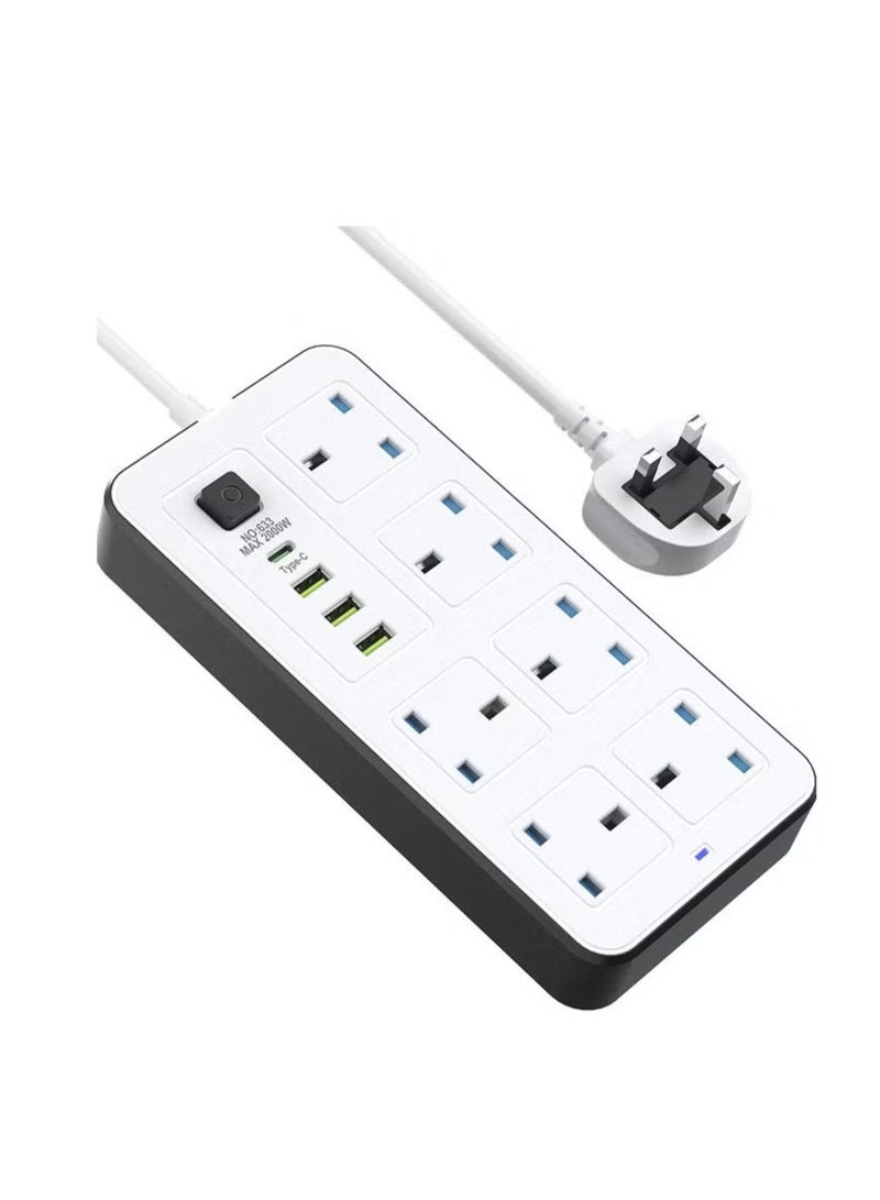 Labra Power Socket Extension Plug – 2500W Power Strip Extension with 6 AC Outlets + 3 USB + 1 PD Type-C | 3.4A Auto-ID Charging | Anti-Static Protection | 5M Extension Cord – White | Includes Anti-Static Protection & Heavy-Duty Cord for Safe, Efficient Charging - Image 1